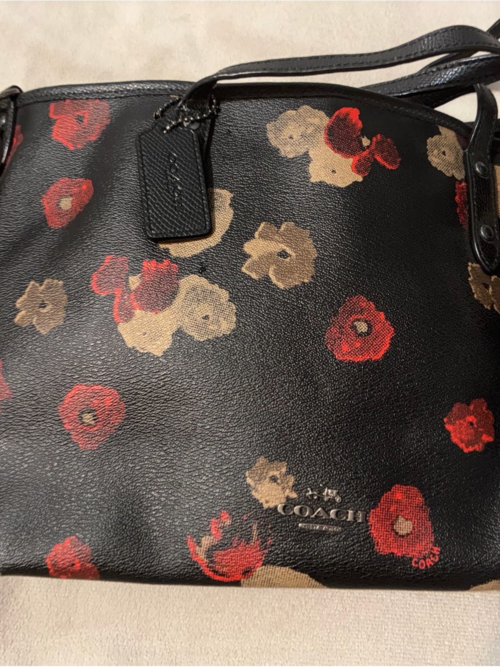 Coach Poppy Black Floral Print Leather Shoulder Bag